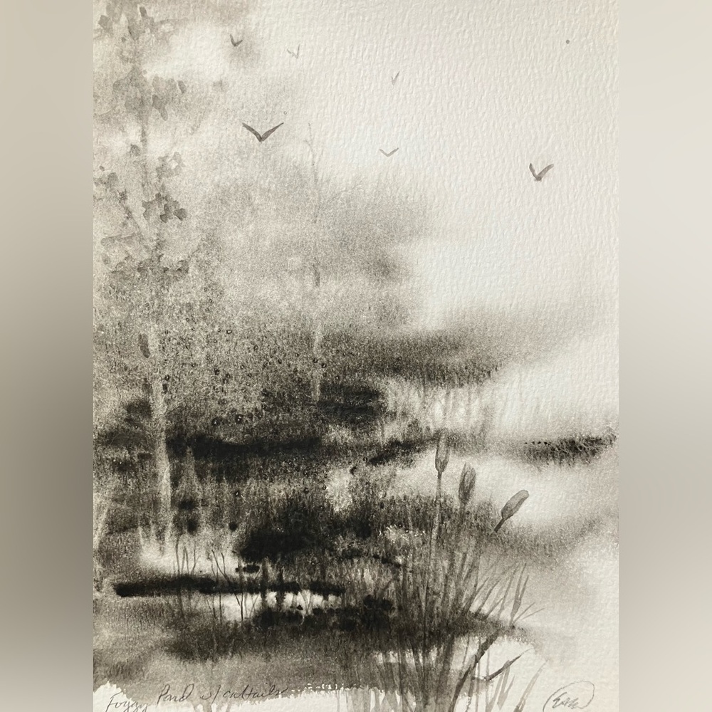 Original Watercolor Painting Fog Pond Cattails Landscape Art by Artettina Signed